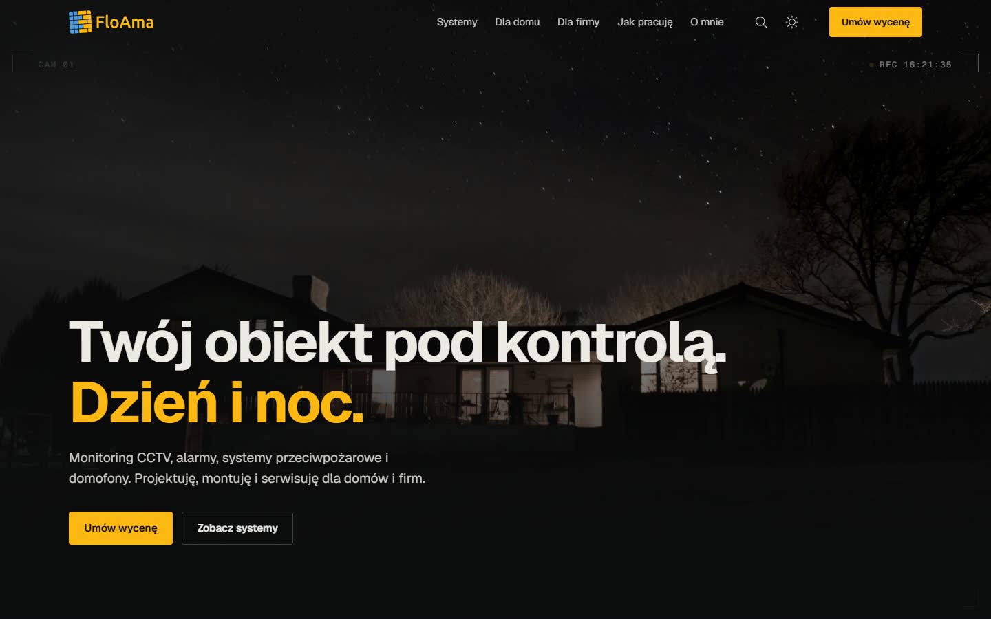 Strona FloAma: ciemny hero z ofertą systemów bezpieczeństwa