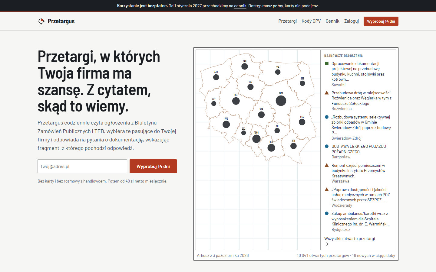 Przetargus: mapa Polski z liczbą otwartych przetargów i lista najnowszych ogłoszeń