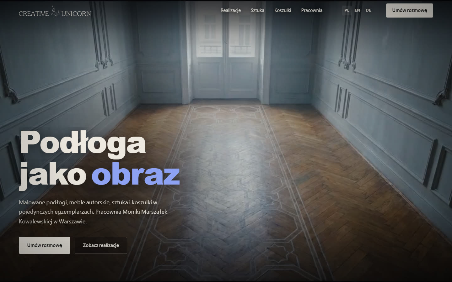 Strona Creative Unicorn z animowanym tłem i menu